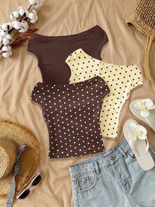 Sparklyn Tween Girls 3pcs Vacation Tight Off Shoulder Multicolor T-Shirts, Summer, Casual, Outfit, Comfortable, Daily, Minimalist, Back To School - Multicolor - View 9