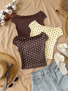 Sparklyn Tween Girls 3pcs Vacation Tight Off Shoulder Multicolor T-Shirts, Summer, Casual, Outfit, Comfortable, Daily, Minimalist, Back To School - Multicolor - View 3