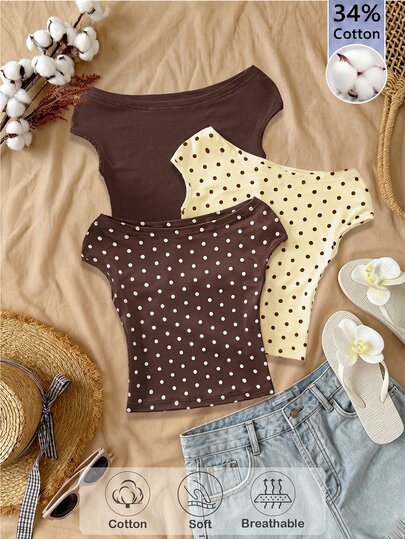 Sparklyn Tween Girls 3pcs Vacation Tight Off Shoulder Multicolor T-Shirts, Summer, Casual, Outfit, Comfortable, Daily, Minimalist, Back To School