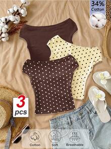Sparklyn Tween Girls 3pcs Vacation Tight Off Shoulder Multicolor T-Shirts, Summer, Casual, Outfit, Comfortable, Daily, Minimalist, Back To School - Multicolor - View 2
