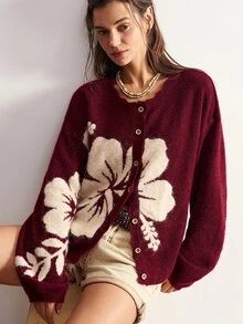 Bohemela Women's Floral Pattern Casual Cottagecore Daily Wear Cardigan Christmas Brunch Burgundy Fall - Burgundy - View 1