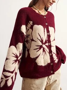 Bohemela Women's Floral Pattern Casual Cottagecore Daily Wear Cardigan Christmas Brunch Burgundy Fall - Burgundy - View 3