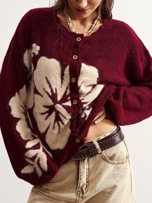 Bohemela Women's Floral Pattern Casual Cottagecore Daily Wear Cardigan Christmas Brunch Burgundy Fall - Burgundy - View 4