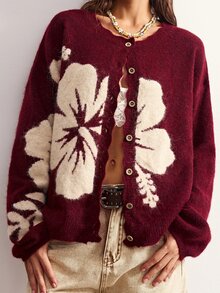 Bohemela Women's Floral Pattern Casual Cottagecore Daily Wear Cardigan Christmas Brunch Burgundy Fall - Burgundy - View 5