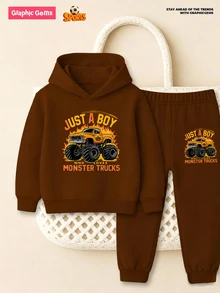 Boys Flame Truck Hoodie And Sweatpants 2 Pieces Set Autumn Fall - Brown - View 2