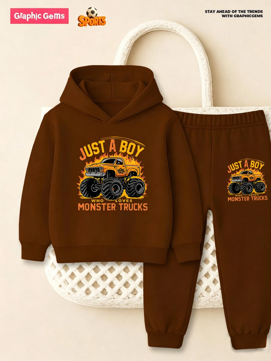 Boys Flame Truck Hoodie And Sweatpants 2 Pieces Set Autumn Fall