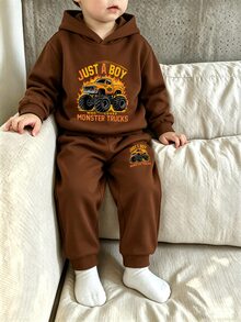 Boys Flame Truck Hoodie And Sweatpants 2 Pieces Set Autumn Fall - Brown - View 3