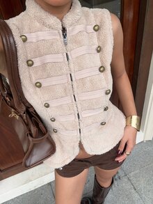 SHEIN EZwear 女款鉚釘裝飾休閒復古學院風優雅百搭日常夾克 米色 夏季 日常度假旅行款 - 卡其色 - 查看 7