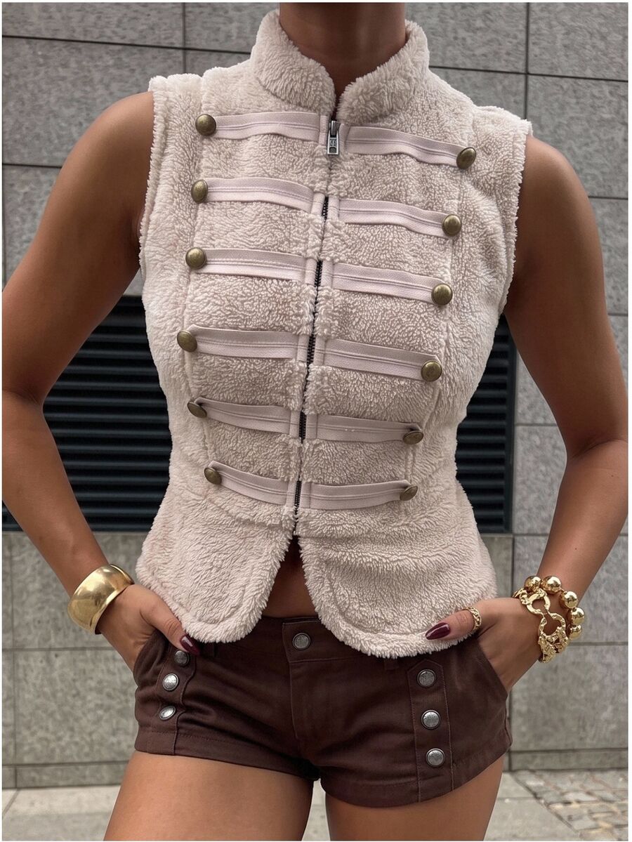 SHEIN EZwear 女款鉚釘裝飾休閒復古學院風優雅百搭日常夾克 米色 夏季 日常度假旅行款