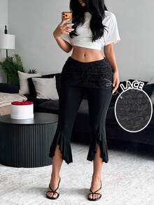 BamGleam Lace Waistband Split Flare Pants, Vintage Sexy Ruffle Trim Clubbing Party Black Summer - Black - View 5