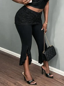 BamGleam Lace Waistband Split Flare Pants, Vintage Sexy Ruffle Trim Clubbing Party Black Summer - Black - View 4