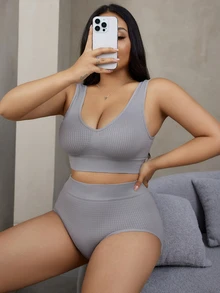SHEIN 2pcs Seamless Plus Size Women's Wireless Bra - Light Grey - View 4
