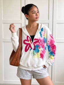 SHEIN 秋冬女童連帽拉鍊外套，街頭風混搭，防寒針織面料，微鬆版型預留成長空間，適合校園與街頭穿搭，瞬間變身活力女孩 - 彩色 - 查看 3