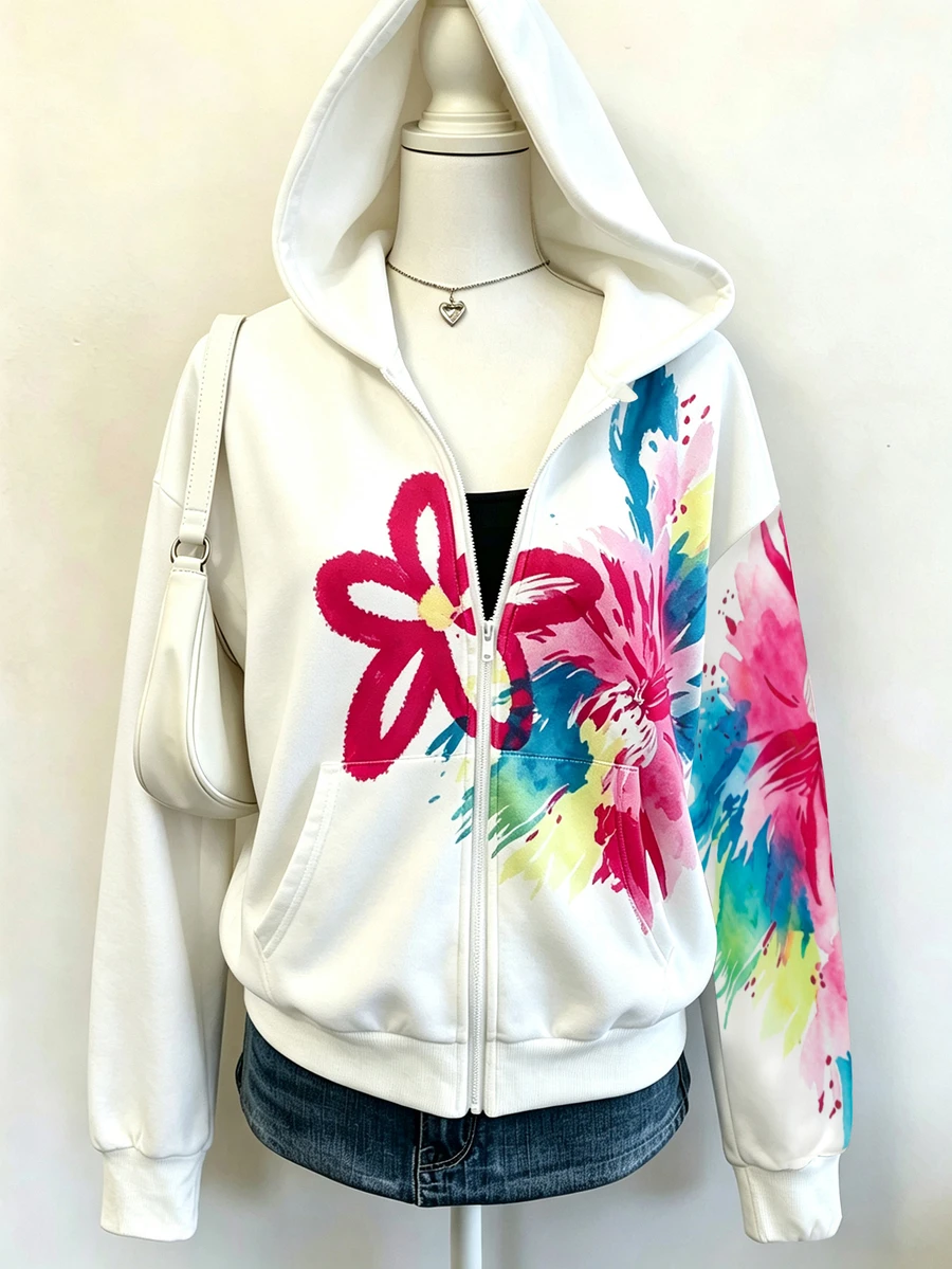 SHEIN 秋冬女童連帽拉鍊外套，街頭風混搭，防寒針織面料，微鬆版型預留成長空間，適合校園與街頭穿搭，瞬間變身活力女孩 - 彩色 - 查看 1