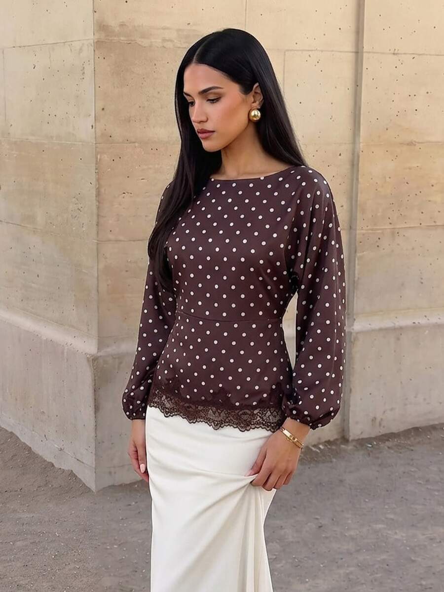 Firerie Women's Elegant Going Out Tops Coffee Brown Round Neck Batwing Long Sleeve Cinched Waist Tie X-Shaped Regular Fit Blouse - Brown - View 1