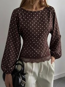 Firerie 女款優雅外出上衣 咖啡棕色圓領蝙蝠袖長袖收腰綁帶X型設計標準版襯衫 - 棕色 - 查看 6