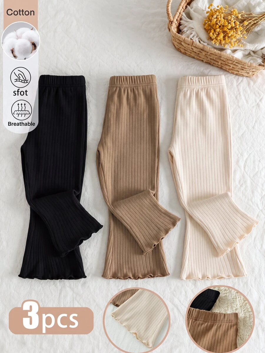 SHEIN Young Girls 3‑Pack Soft Stretchy Ribbed Knit Flare Leg Pants, Elastic Waist Lettuce Trim Solid Casua