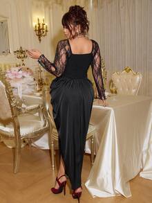 Muchica Plus Size Elegant Party Lace Patchwork High Slit Dress - Black - View 2