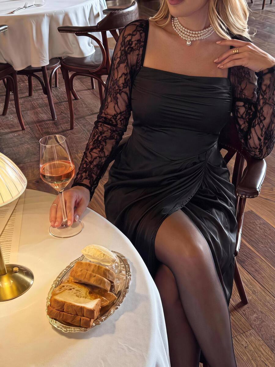 Muchica Plus Size Elegant Party Lace Patchwork High Slit Dress - Black - View 1