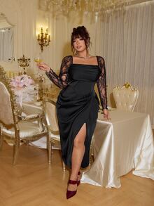 Muchica Plus Size Elegant Party Lace Patchwork High Slit Dress - Black - View 4