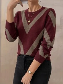 SHEIN Autumn/Winter New Diamond Striped Pullover Sweater - Multicolor - View 3
