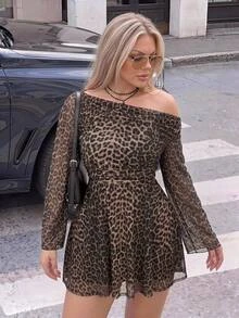 SHEIN ICON Plus Size Vintage Y2K Leopard Print Asymmetrical Shoulder Long Sleeve Mesh Dress, Retro Dress - Multicolor - View 2
