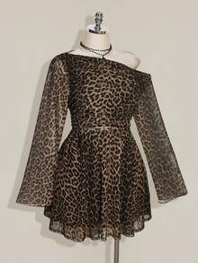 SHEIN ICON Plus Size Vintage Y2K Leopard Print Asymmetrical Shoulder Long Sleeve Mesh Dress, Retro Dress - Multicolor - View 7