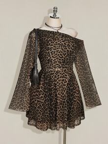 SHEIN ICON Plus Size Vintage Y2K Leopard Print Asymmetrical Shoulder Long Sleeve Mesh Dress, Retro Dress - Multicolor - View 6