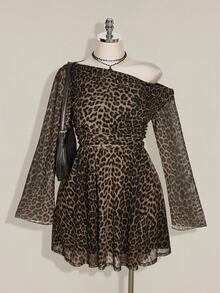 SHEIN ICON Plus Size Vintage Y2K Leopard Print Asymmetrical Shoulder Long Sleeve Mesh Dress, Retro Dress - Multicolor - View 1