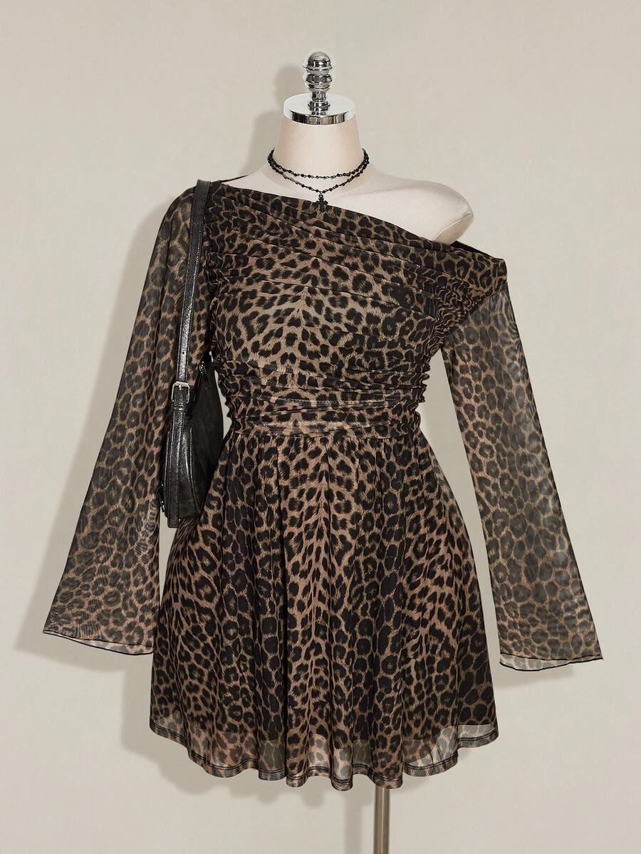 SHEIN ICON Plus Size Vintage Y2K Leopard Print Asymmetrical Shoulder Long Sleeve Mesh Dress, Retro Dress - Multicolor - View 1