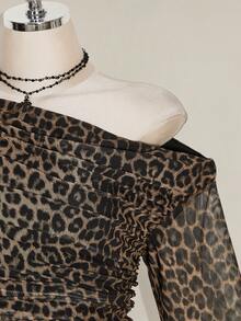SHEIN ICON Plus Size Vintage Y2K Leopard Print Asymmetrical Shoulder Long Sleeve Mesh Dress, Retro Dress - Multicolor - View 4