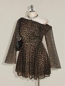 SHEIN ICON Plus Size Vintage Y2K Leopard Print Asymmetrical Shoulder Long Sleeve Mesh Dress, Retro Dress - Multicolor - View 5