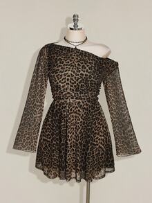 SHEIN ICON Plus Size Vintage Y2K Leopard Print Asymmetrical Shoulder Long Sleeve Mesh Dress, Retro Dress - Multicolor - View 3