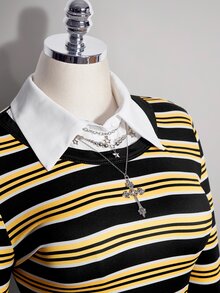 SHEIN ICON Atasan Rajut Bergaris Kuning & Hitam Ukuran Plus Gaya Y2K 2 Potong, Atasan Kasual Bergaris Halloween Musim Gugur - MultiWarna - View 6