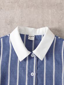 Young Girl Contrast Color Lapel Blue & White Striped Casual College Patchwork Ruched Ruffle Hem Short Sleeve Dress Back To School Polo Dress - Blue - View 6