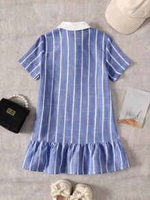 Young Girl Contrast Color Lapel Blue & White Striped Casual College Patchwork Ruched Ruffle Hem Short Sleeve Dress Back To School Polo Dress - Blue - View 2
