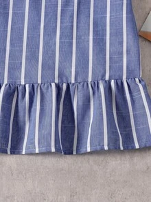 Young Girl Contrast Color Lapel Blue & White Striped Casual College Patchwork Ruched Ruffle Hem Short Sleeve Dress Back To School Polo Dress - Blue - View 4