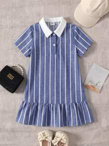 Young Girl Contrast Color Lapel Blue & White Striped Casual College Patchwork Ruched Ruffle Hem Short Sleeve Dress Back To School Polo Dress - Blue - View 3