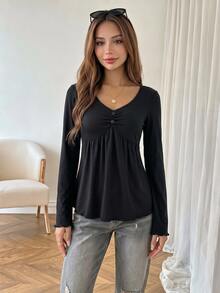 SHEIN Elladie kids 青少年女孩黑色休閒可愛秋冬V領抓皺鈕扣裝飾喇叭袖上衣 T-shirt 舞會正式款 - 黑色 - 查看 4
