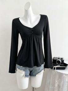 SHEIN Elladie kids 青少年女孩黑色休閒可愛秋冬V領抓皺鈕扣裝飾喇叭袖上衣 T-shirt 舞會正式款 - 黑色 - 查看 5