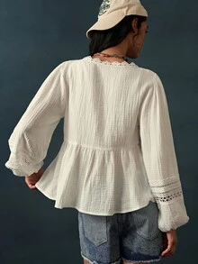 Bohemela Blus Wanita Kasual Warna Polos Tenun Leher V Lengan Panjang Hem Berkerut Potongan Longgar - Putih - View 7