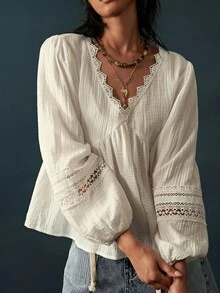 Bohemela Blus Wanita Kasual Warna Polos Tenun Leher V Lengan Panjang Hem Berkerut Potongan Longgar - Putih - View 4