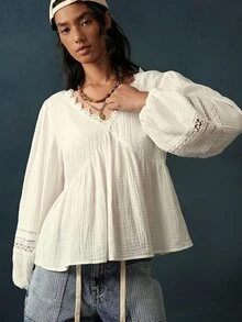 Bohemela Blus Wanita Kasual Warna Polos Tenun Leher V Lengan Panjang Hem Berkerut Potongan Longgar - Putih - View 2