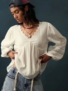 Bohemela Blus Wanita Kasual Warna Polos Tenun Leher V Lengan Panjang Hem Berkerut Potongan Longgar - Putih - View 6