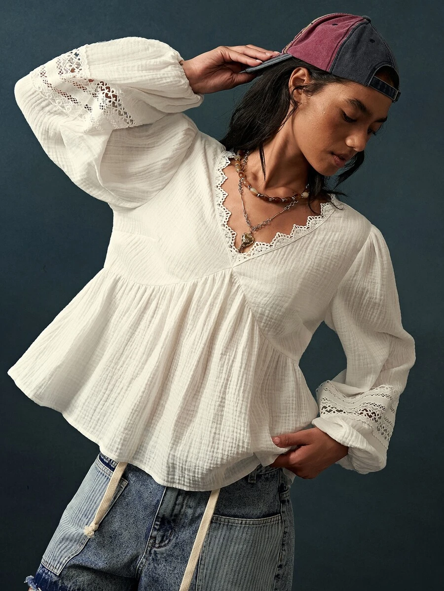 Bohemela Blus Wanita Kasual Warna Polos Tenun Leher V Lengan Panjang Hem Berkerut Potongan Longgar - Putih - View 1
