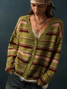 Bohemela Contrast Striped Pattern Drop Shoulder Oversize Cardigan - Green - View 6