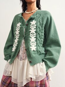 Bohemela Women's Applique Raglan Long Sleeve Casual Knit Cardigan - Green - View 6
