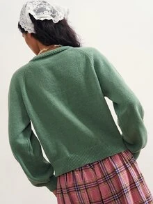 Bohemela Women's Applique Raglan Long Sleeve Casual Knit Cardigan - Green - View 7
