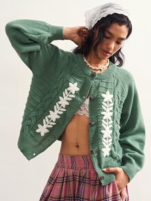Bohemela Women's Applique Raglan Long Sleeve Casual Knit Cardigan - Green - View 2