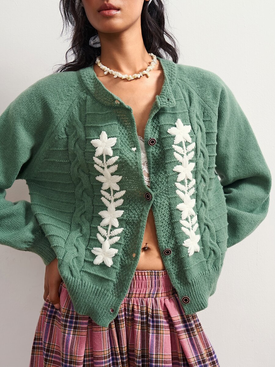 Bohemela Women's Applique Raglan Long Sleeve Casual Knit Cardigan - Green - View 1